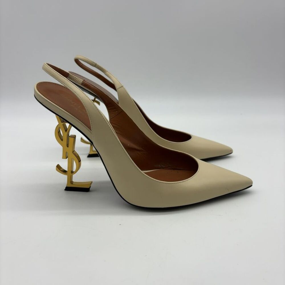Yves Saint Laurent Cream Slingback Heels with Gold Accent - Picture 3 of 10